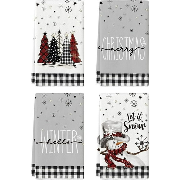 Black White Buffalo Plaid Snowman Xmas Trees Christmas Kitchen Towels Dish Towels, 18x26 Inch Daily Winter Decoration Hand Towels Set of 4