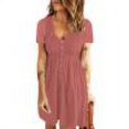 thumbnail image 1 of Robes d'Été de la Mode des Femmes Décontractées à Manches Courtes Solides Autour du Cou Bouton Genou Longueur Robe Rose S, 1 of 5