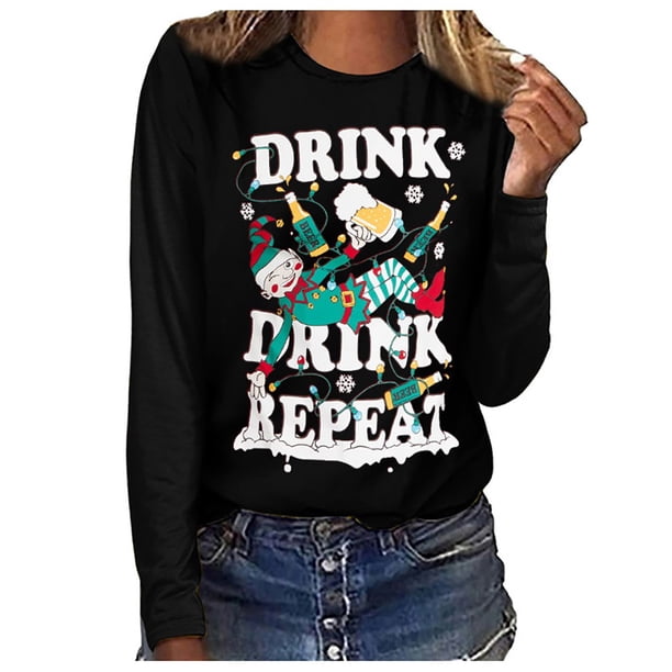 Camisas Navideñas Para Mujer Camisetas de Manga Larga Estampado de Bebidas Sudadera Con Cuello Redondo Informal Blusa Odeerbi ODB209786