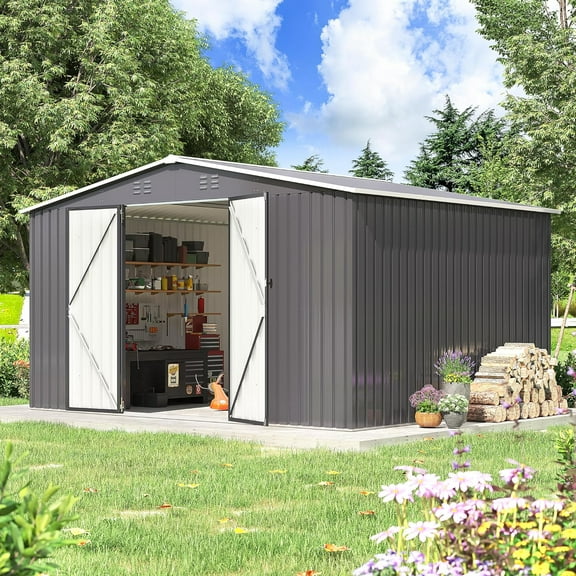 Tuekys 10x12 FT Outdoor Storage Shed, Metal Tool Sheds for Backyard Garden Patio Lawn, Gray