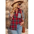 thumbnail image 4 of Women's Red Plaid Splicing Hit Color Pockets Turndown Collar Long Sleeve Shirt, 4 of 9