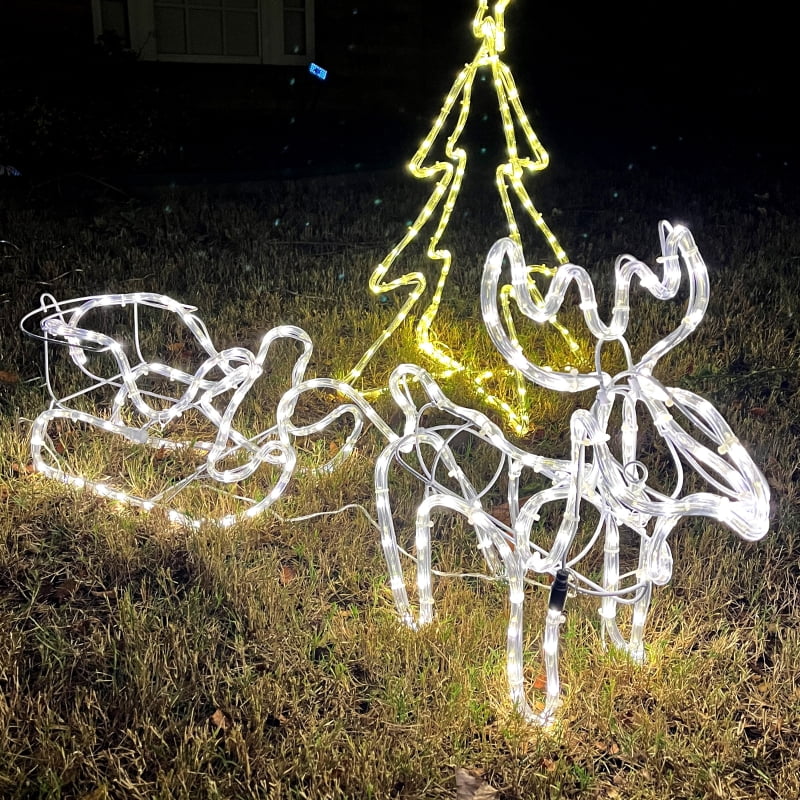 Alvantor Christmas Reindeer & Santa Sleigh with LED Lights, Steel Frame Yard Decoration 17.75"x9.5"x17.75" White
