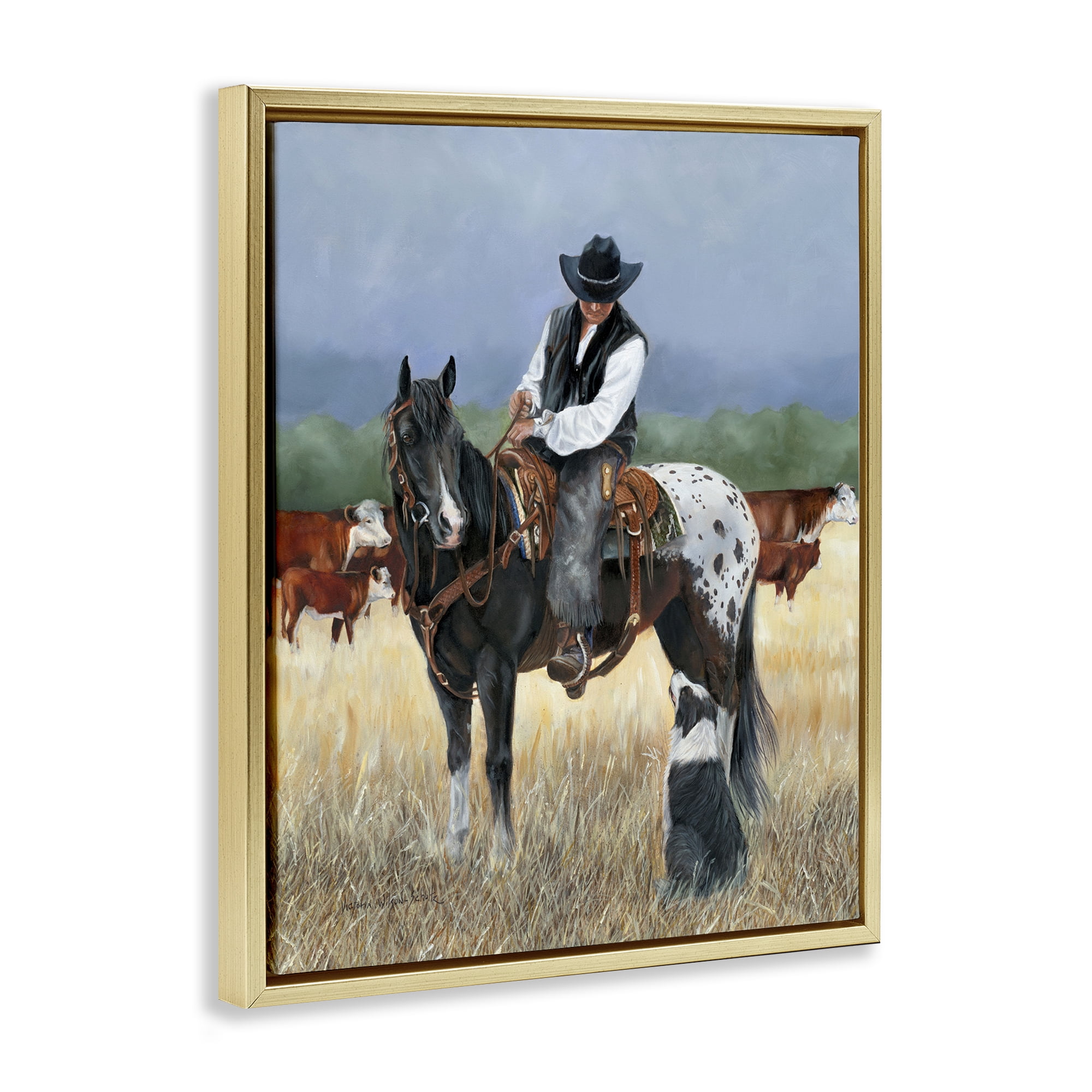 Stupell Industries Cowboy & Dog Animals & Insects Painting Gold Floater Framed Canvas Art Print Wall Art, 25 x 31
