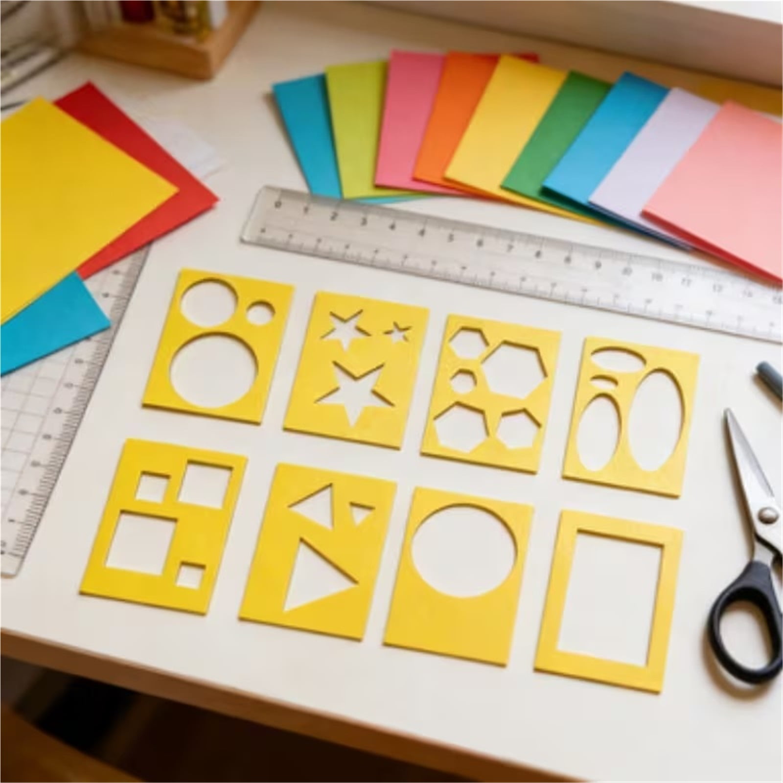 8 Pieces Hollow Design Drawing Ruler Set for Geometry Art Crafts - Multi-Shape Stencils for Circles Stars Polygons Portable Drafting Tools for Students and Artists