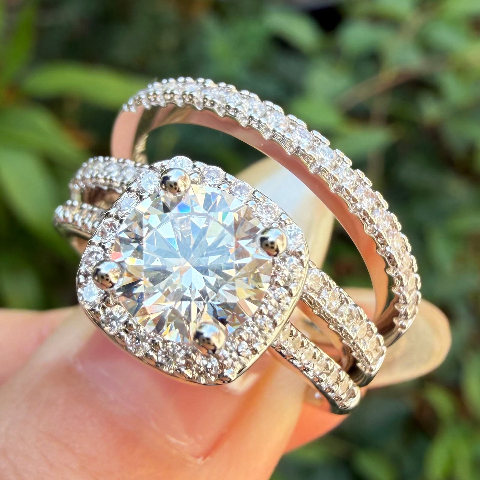 Newshe Jewellery 2Ct Halo Wedding Ring Set For Woman Engagement Rings Round AAAAA Cz 3pcs Size 5