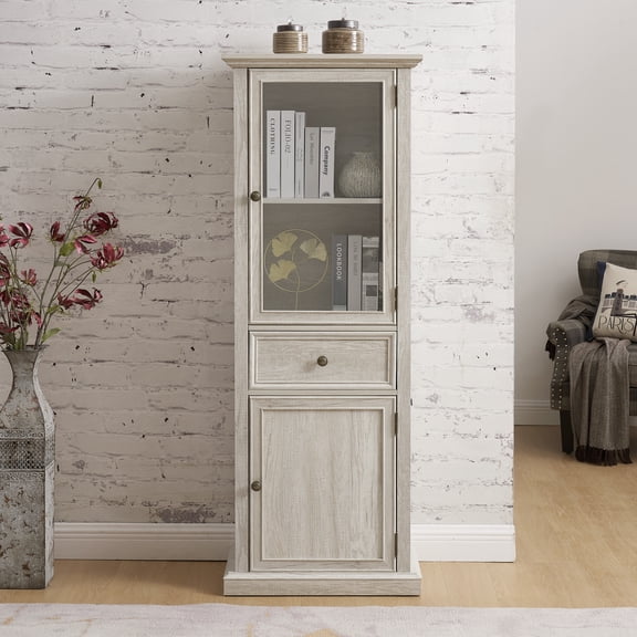 Noble House Bristol 65" Tall Kitchen Storage Cabinet, Freestanding Glass Door Pantry Cupboard with Drawer, White