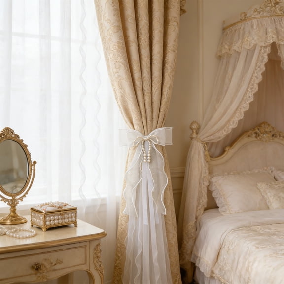 Bowknot Curtain Tiebacks, Butterfly Curtain Ties with Pearls, Sweet Bow Curtain Holdbacks Buckles for Home Decorative, 1pc