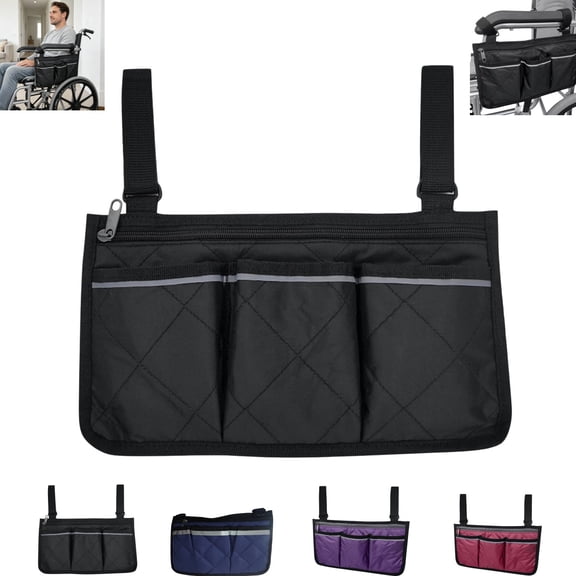 Wheelchair Side Storage Organizer with Multiple Pockets, Wheelchair Armrest Caddy with Adjustable Hanging Straps, Multi Compartment Storage Bag for Home Travel Daily Use