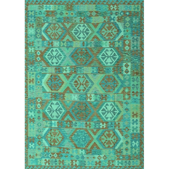 Ahgly Company Machine Washable Indoor Rectangle Southwestern Turquoise Blue Country Area Rugs, 7' x 10'