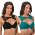 thumbnail image 1 of Curve Muse Women's Lightly Padded Underwire Plunge Bra With High Neck Lace-2Pack-BLACK,GREEN-46B, 1 of 7