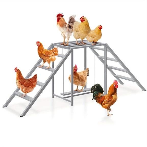 OYEAL Chicken Coop Perch with Swing, Metal Roosting Bars with Ladder Chicken Toys Accessories for Pets' Healthy & Happy, Suitable for Backyard Farm, Gray