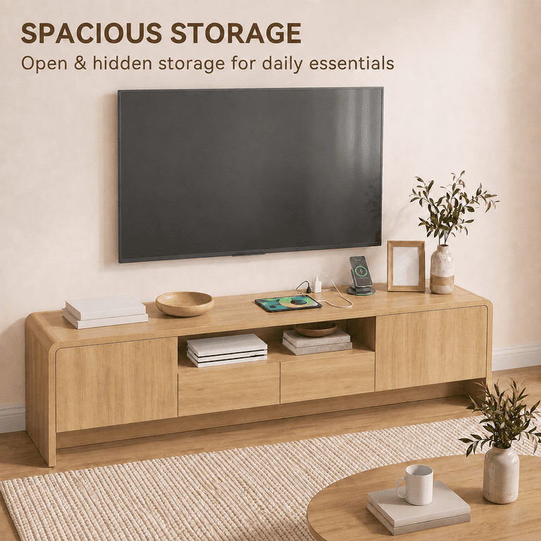 Lacoo 70 Inch TV Stand for 55-75 Inch TVs, Entertainment Center with 2 Drawers and Storage Cabinets, Media Console for Living Room , Natural