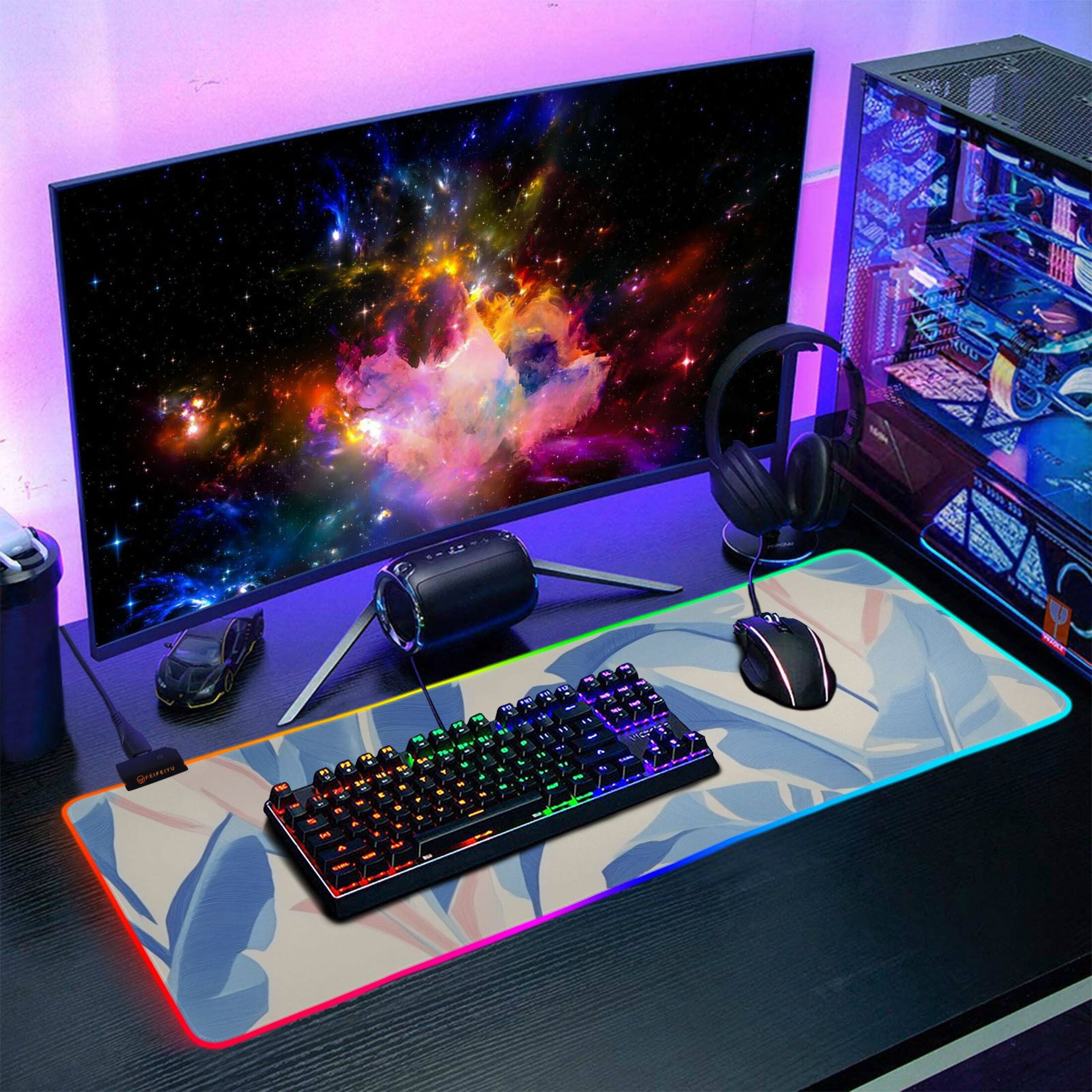 Light Blue Banana Leaf RGB Gaming Mouse Pad Large Keyboard Mat Rubber Base 13 Light Modes