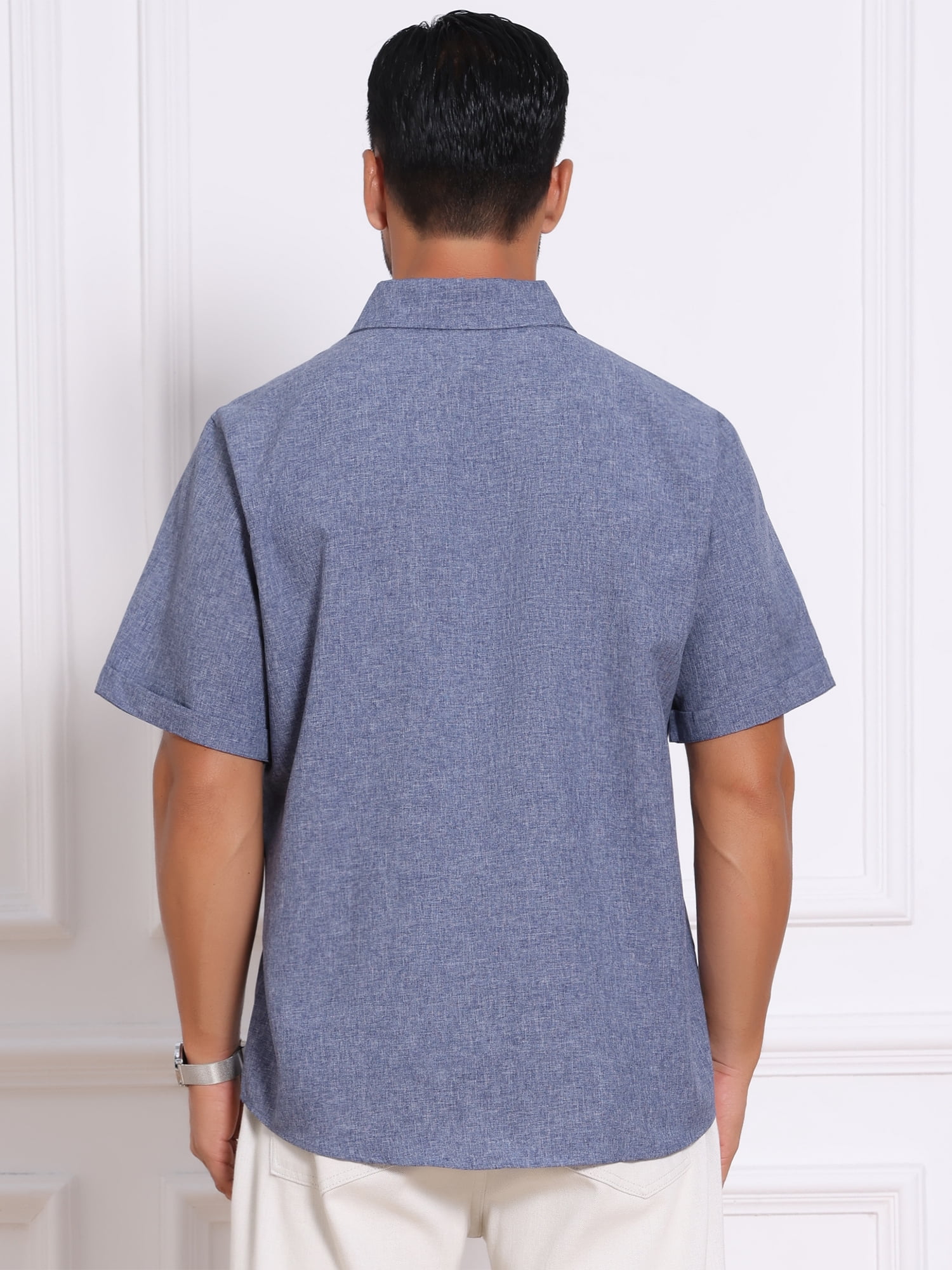 DARING DIVA Men's Solid Summer Short Sleeve Button Down Linen Shirts S Denim Blue