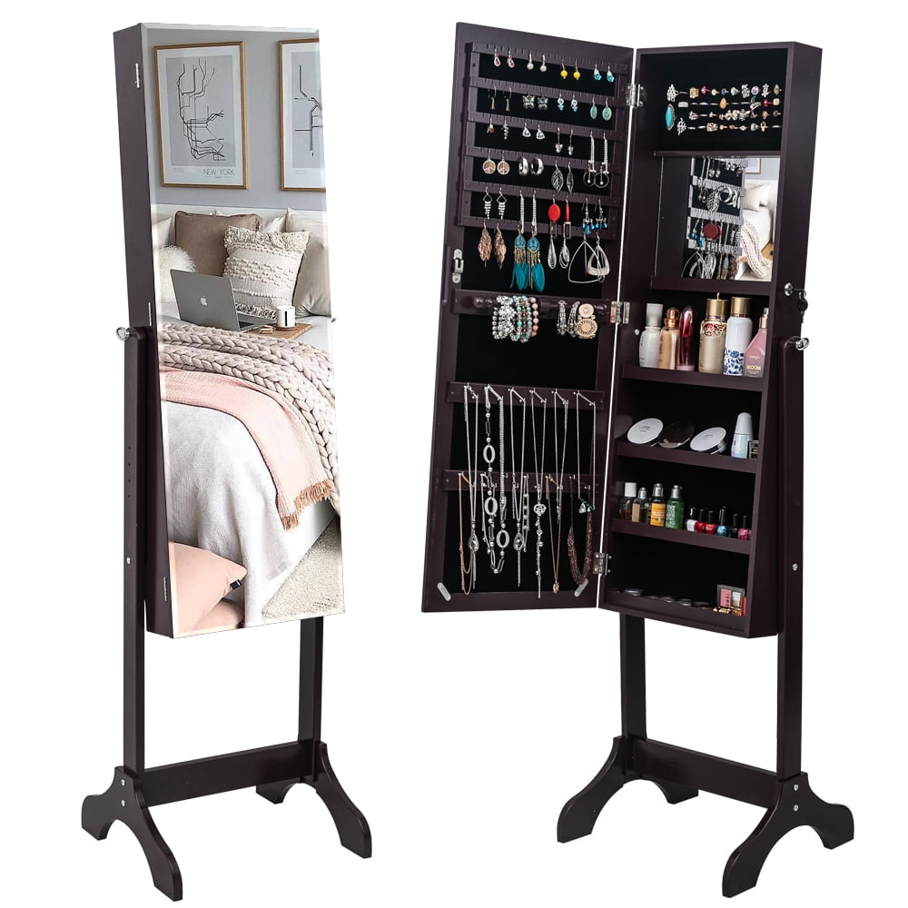 Lowestbest 4-Layer Jewelry Armoire, Wooden Floor Standing Jewelry Cabinet, Jewelry Organizer with Mirror for Earrings Bracelets Rings Necklace, Dark Brown Lowestbest 4-Layer Jewelry Armoire, Wooden Floor Standing Jewelry Cabinet, Jewelry Organizer with Mirror for Earrings Bracelets Rings Necklace, Dark Brown