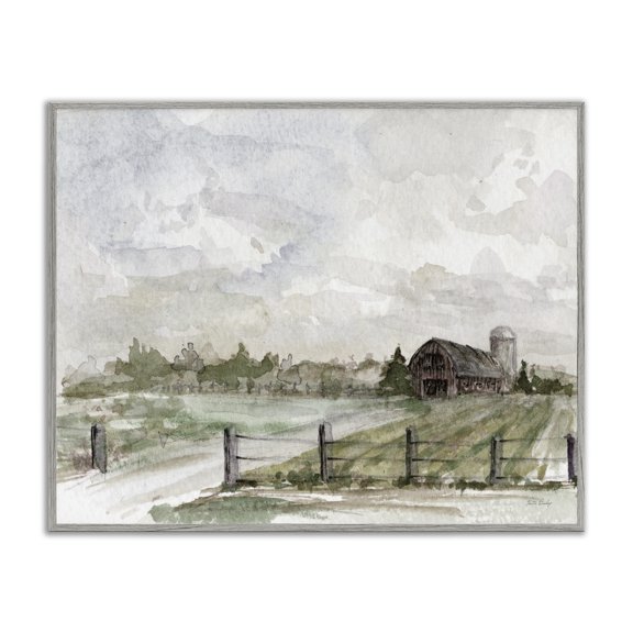 Stupell Industries Rustic Barn & Fence Landscape Painting Gray Framed Art Print Wall Art, 20 x 16