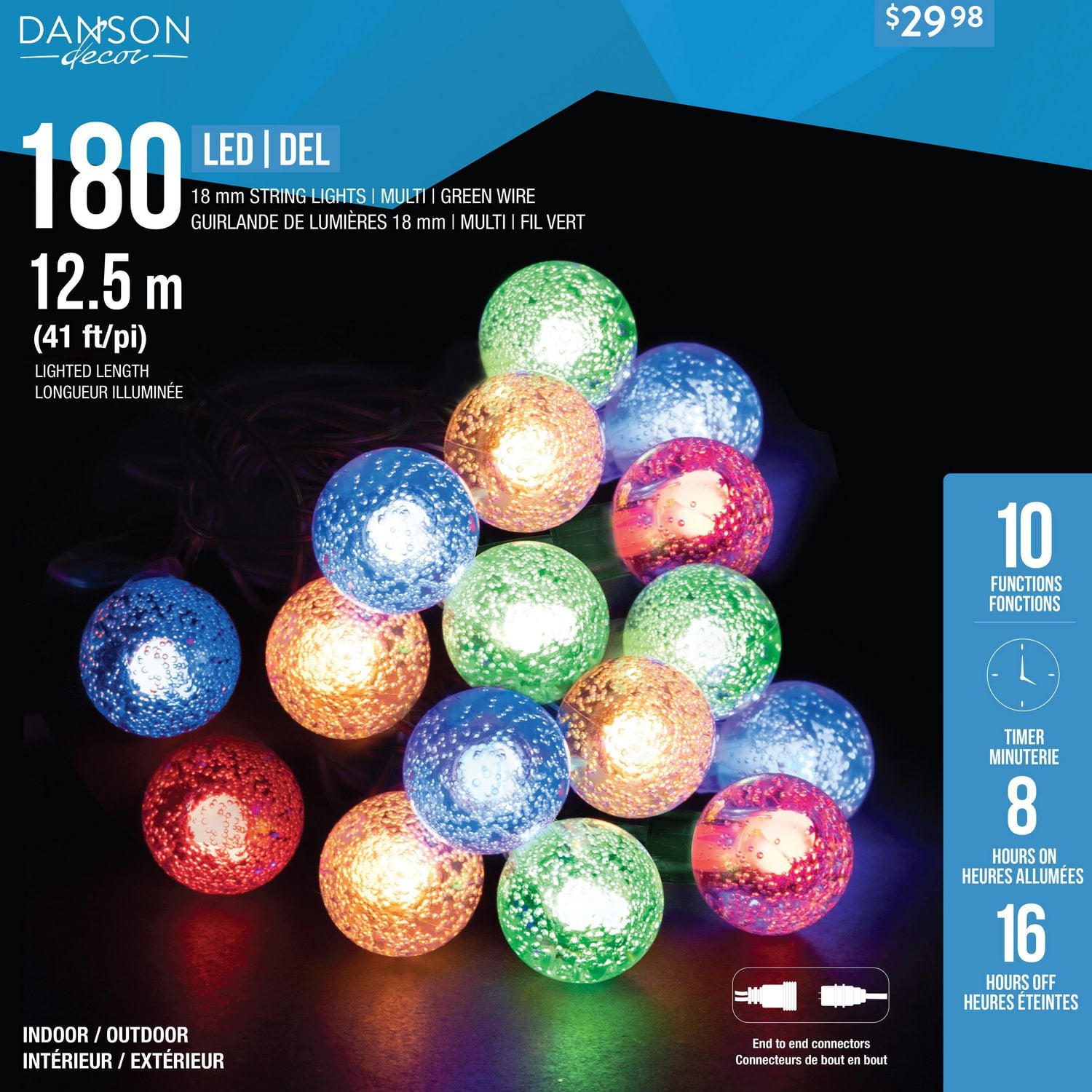 180 LED BOULE ACRYLIQUE CRISTAL 18MM, IN/OUT, 10 FONCTIONS AVEC MINUTERIE ET ​​ADAPTATEUR, MULTICOLORE, CONNECTABLE
