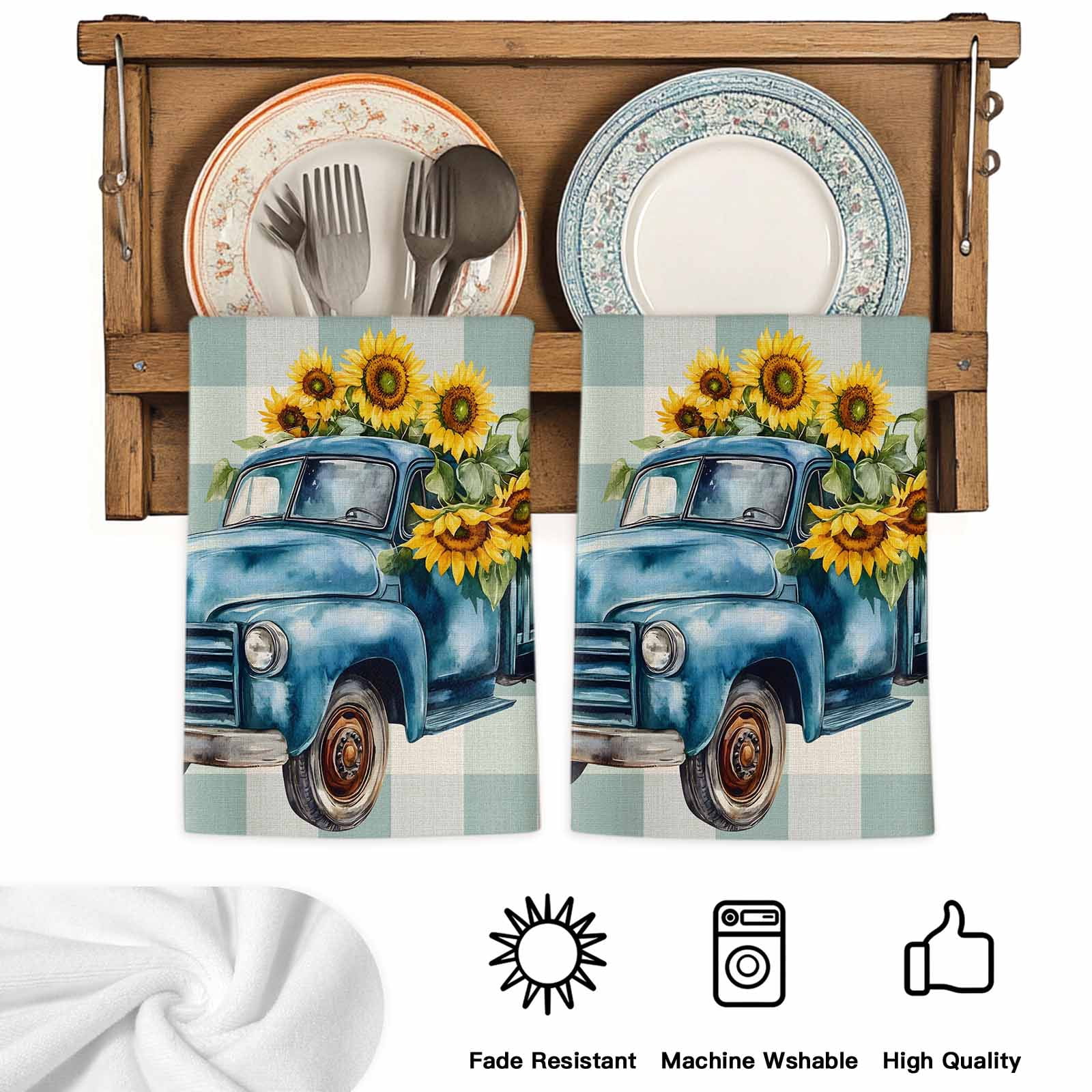 Blue Truck Yellow Sunflower Kitchen Towels Set of 2, Summer Teal Plaid Vintage Soft Microfiber Dish Towels, Absorbent Quick-Dry Washable Dishcloths for Kitchen Cleaning, Drying Dishes, 18x28 Inches