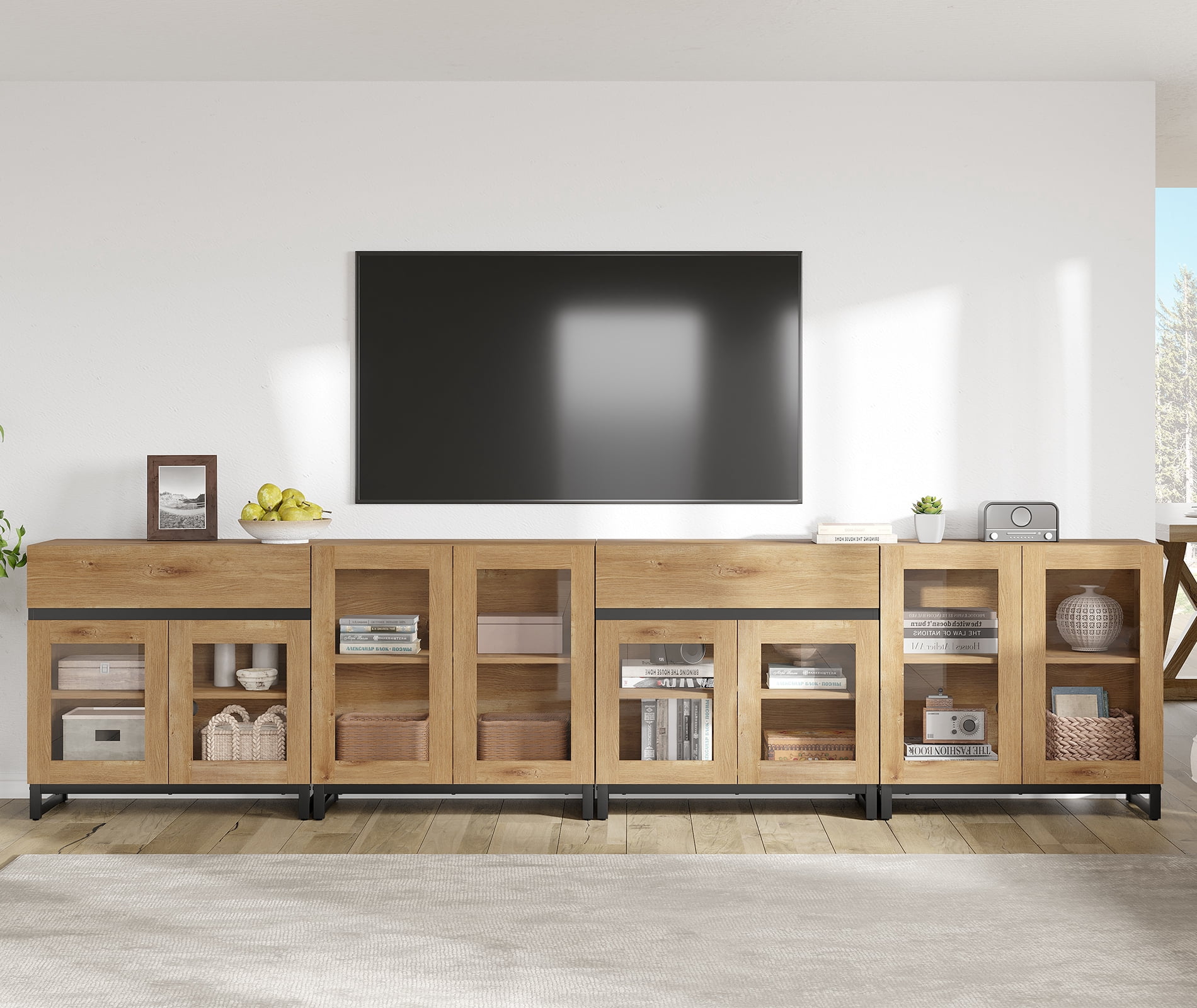 Modern TV Stand For Tvs Up To 120 Inches, 4 In 1 TV Console With Glass Doors And 2 Drawers, Entertainment Center With Adjustable Shelf For Living Room, Bedroom,Oak