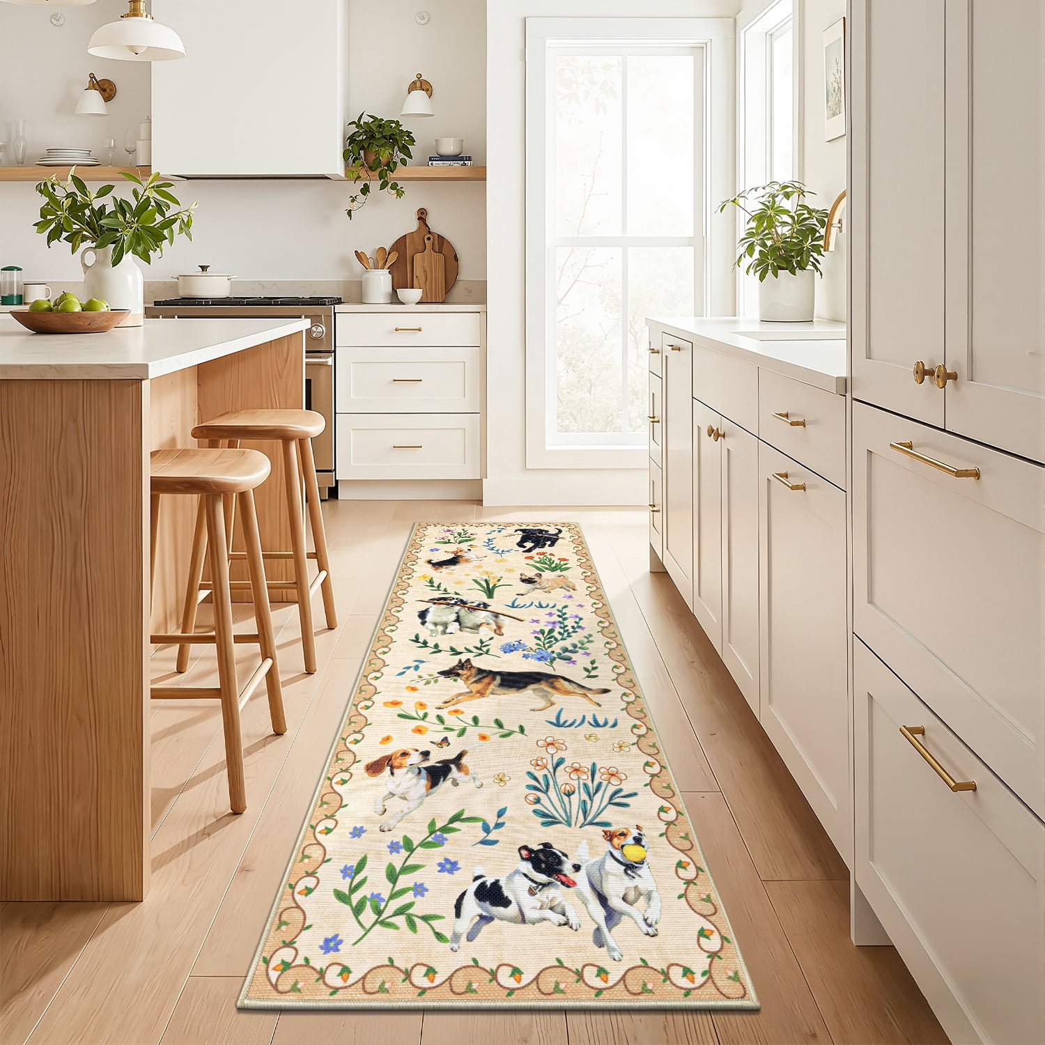 MJIAexp 2'x6' Jute Animal Dog Floral Kitchen Runner Rug,Woven Texture Machine Washable Runner Rug Non-Slip Rubberback Hallway Runner Laundry Rug Throw Carpet for Living Room Bedroom Dining Room Entry