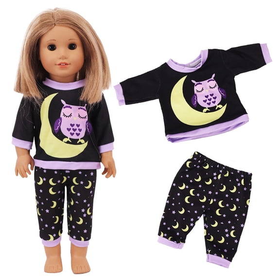 Rourlinge 18 Inch Doll Clothes Owl & Moon Print Pajama Set, Fashion Doll Apparel Winter Holiday Outfit