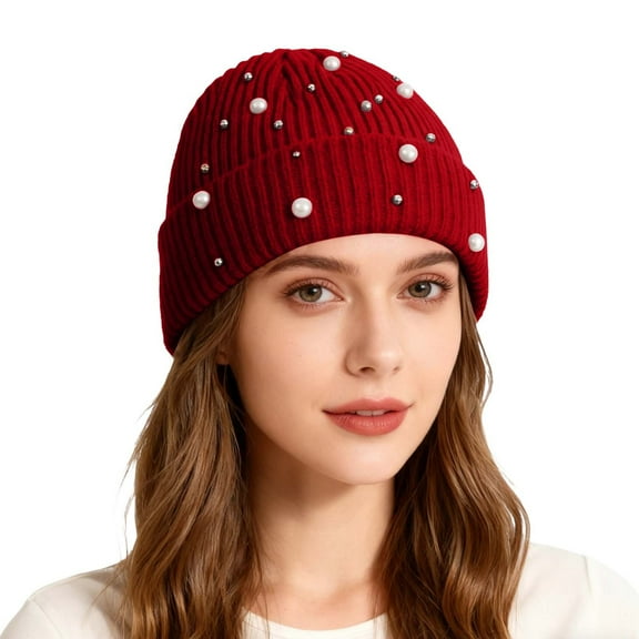 Bling Rhinestone Double Layer Knit Beanie Hats for Women Girls Warm Lined Winter Hat Thick Skull Cap,