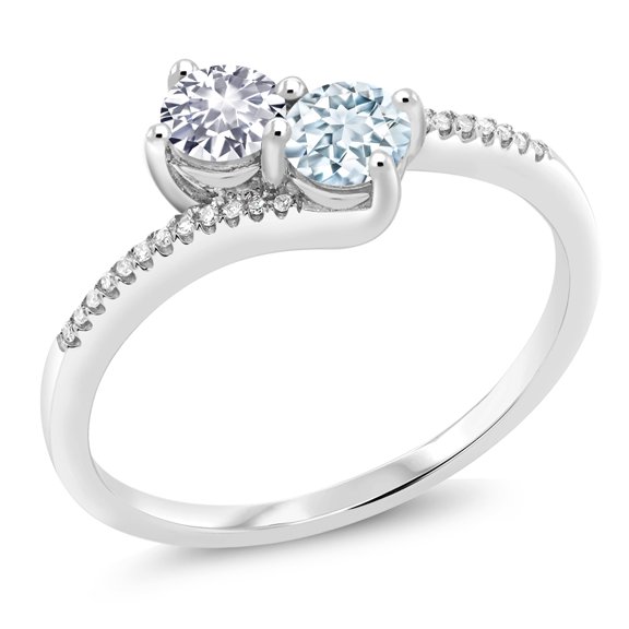 Gem Stone King 10K White Gold Forever United Two Stone White Created Sapphire and Sky Blue Aquamarine and Diamond Engagement Ring for Women (0.67 Cttw, Round) (Size 7)