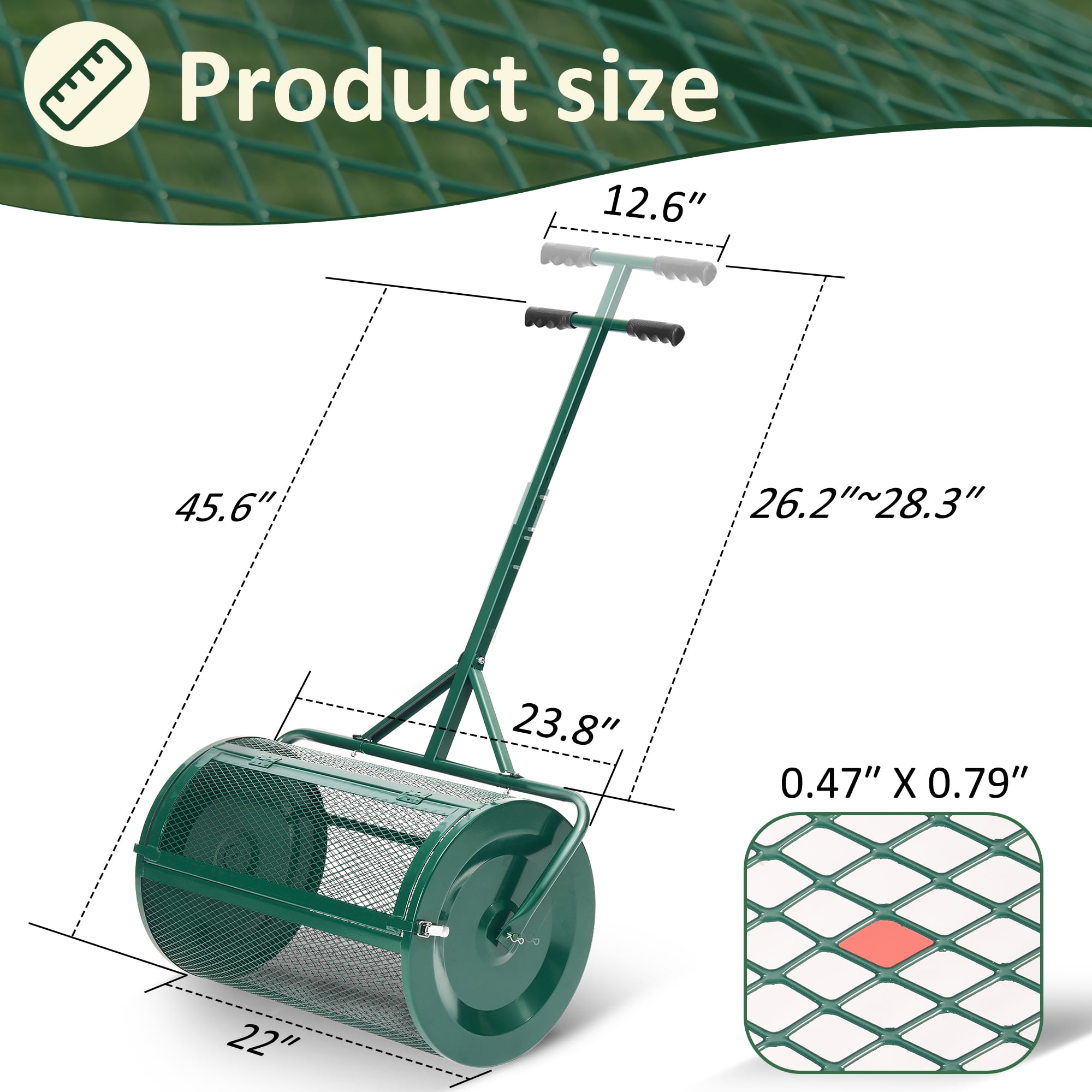 MUCHANT 24" Compost Spreader, Heavy-Duty Metal Mesh Spreader with Adjustable Handle for Lawn, Green