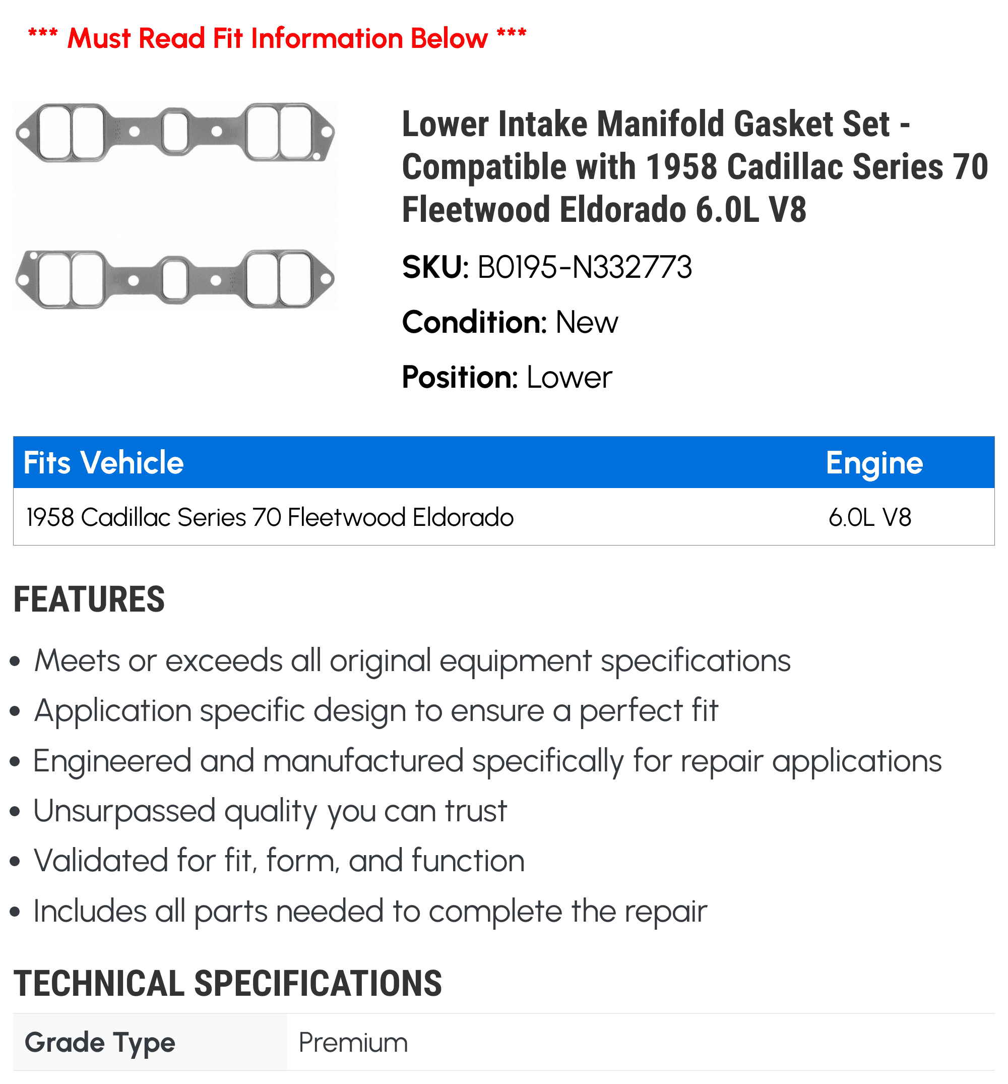 Lower Intake Manifold Gasket Set - Compatible with 1958 Cadillac Series 70 Fleetwood Eldorado 6.0L V8