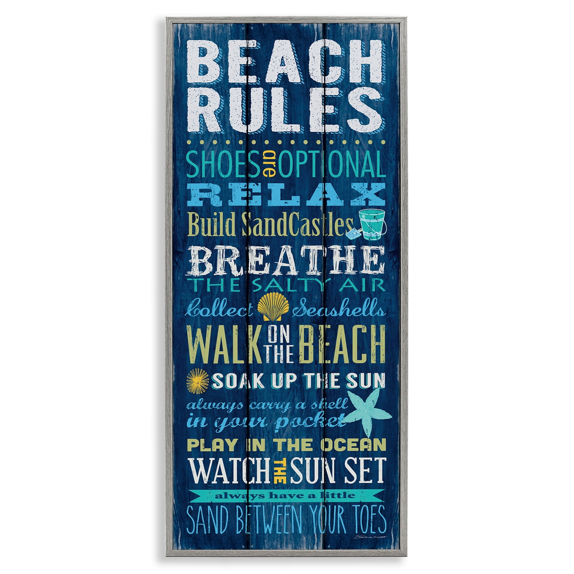 Stupell Industries Beach Rules Sign Blue Planked Pattern Motivational Phrases, 13 x 30, Design by Stephanie Workman Marrott