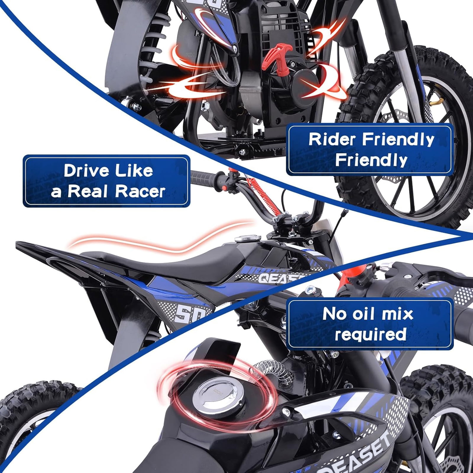 QEASET Gas Mini Dirt Bike, 39.4 CC 4-Stroke Dirt Bike, Rear Shock Absorber, Metal Frame, Disc Brakes, Max Load 165Lbs, Up to 20Mph, No Oil Mix Require, Blue