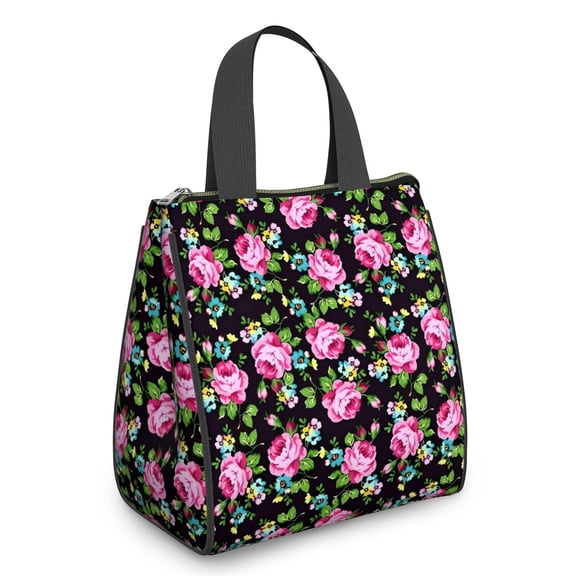 Pioneer Flower Floral Print Pattern Insulated Lunch Bag for Women & Adults,Large Portable Soft Cooler Lunch Bag,Thermal Food Storage Tote with Pearl Cotton,8.66L,8.75x5.75x9.5 Inch