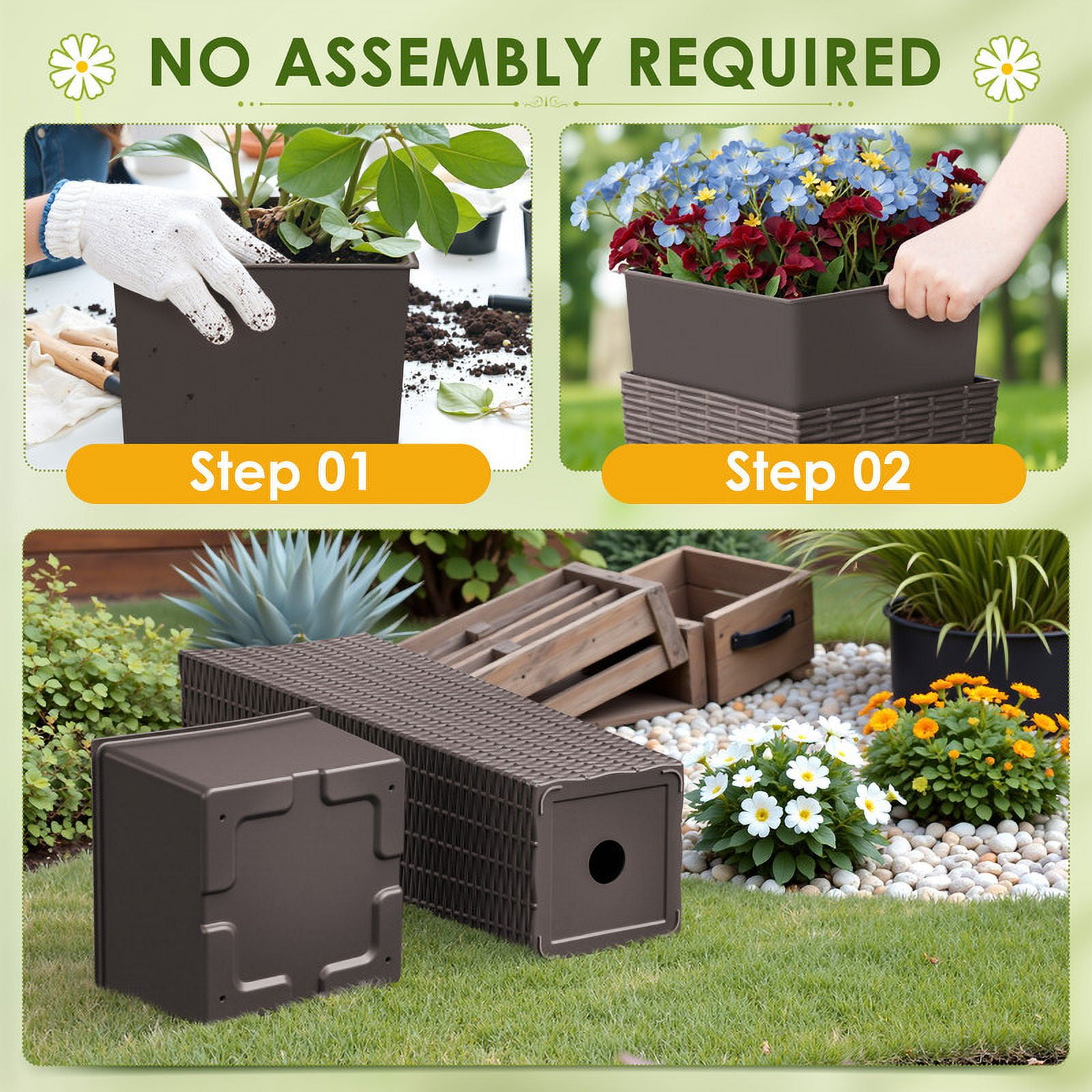 Homall 2-Pack 24" Tall Outdoor Plastic Planters with Inside Pots, Rattan - Patterned for Patio Decor