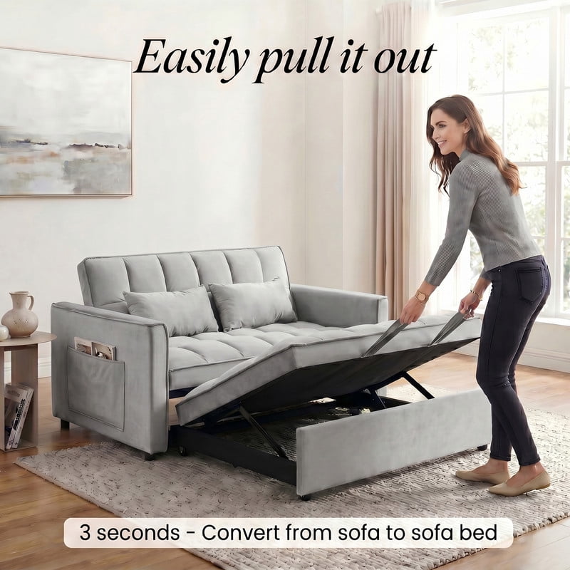 Gewnee 53" Sofa Bed, Convertible Sleeper Sofa & Pull Out Couch, 3-in-1 Velvet Loveseat with Adjustable Backrest and Storage Pocket, light gray