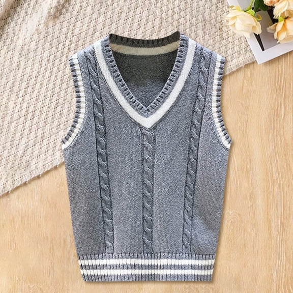Kids' Knit Vest, Sleeveless V-Neck Layering Sweater for Spring and Autumn, Soft and Lightweight for School, Daily Outfits, and Cool Weather, Perfect as a Base Layer or Stylish Standalone Piece - Grey