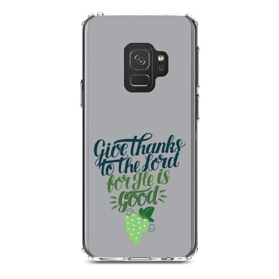 DistinctInk Clear Shockproof Hybrid Case for Samsung Galaxy S9 (5.8" Screen) - TPU Bumper, Acrylic Back, Tempered Glass Screen Protector - Give Thanks to the Lord For He Is Good - Grapes