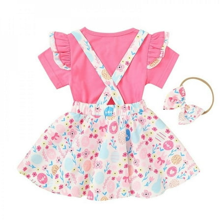 

Baby Girl Floral Print Clothing Children Ruffled Short Sleeve T-shirt Top Strap Skirts Headband Costume Sets