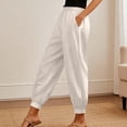 thumbnail image 2 of Women Linen Pants Summer Casual Gaucho Pants Drawstring Elastic Waist Wide Leg Slacks Loose Fitting Beach Attire White M, 2 of 7