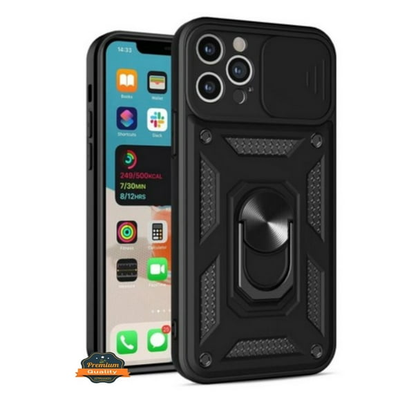For Apple iPhone 15 (6.1") Built in Sliding Camera Lens Protection & Finger Ring Stand Holder Hybrid PC Shockproof Phone Case Cover by Xpression - Black