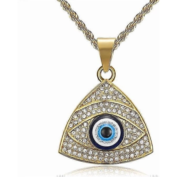 Fully 3D Blue Evil Eye Beads Fatima Hamsa Hand Egyptian Protection Pendant Stainless Steel Necklace, 24 Inch Chain Eye of Horus On Tree