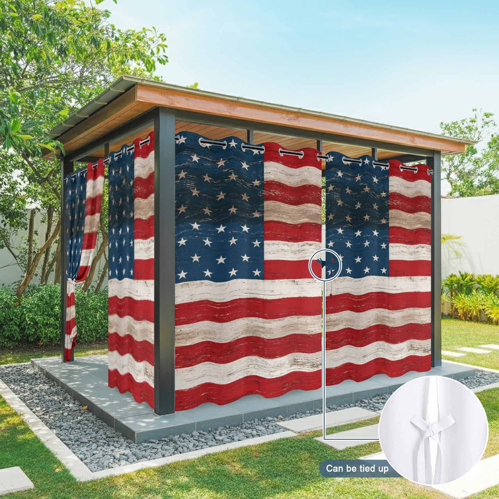 Independence Day Outdoor Curtains for Patio, American Flag Patriotic Red Blue Stripe Star Wood Grain Sunshade Privacy Drapes Grommet Waterproof Outside Curtains for Porch Balcony 54"x108", 1 Panel