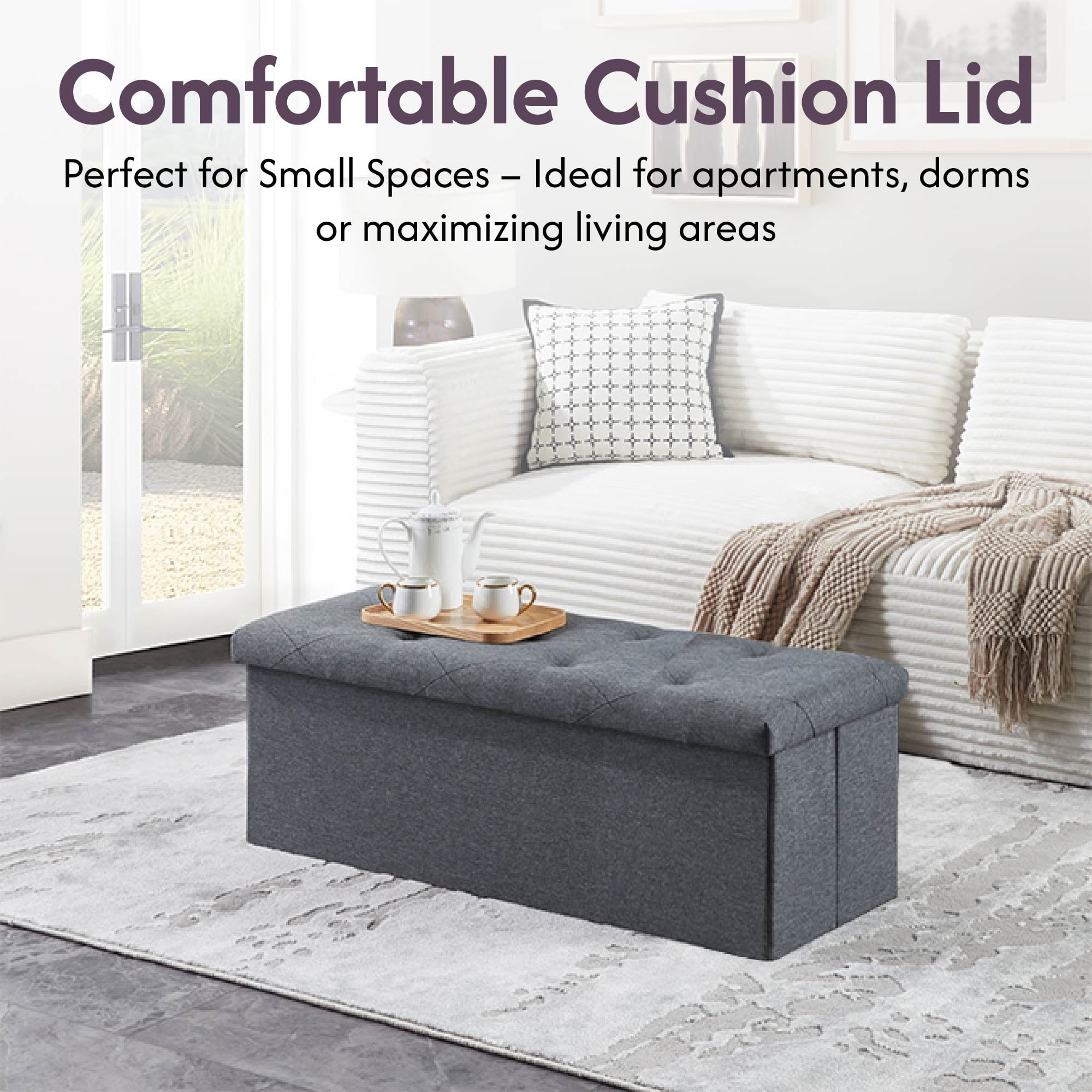 MAYEERTY 43" Folding Storage Ottoman Bench, Upholstered Chest with Lid, Gray