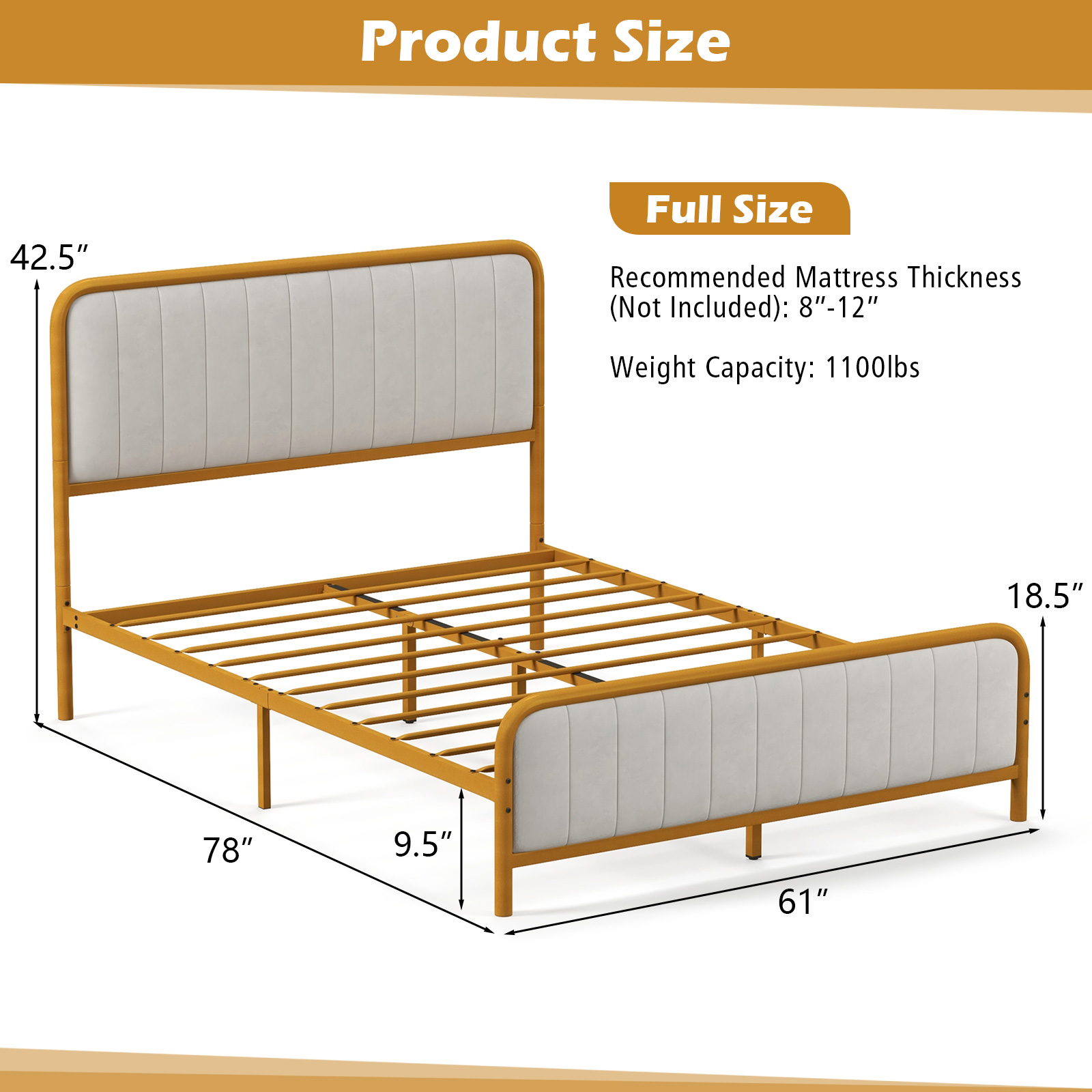 Infans Queen Gold Metal Bed Frame Upholstered Platform Bed with Velvet Headboard