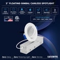 thumbnail image 7 of LUXRITE 2 In. Floating Gimbal LED Recessed Light, 360 Rotation & 90 Tilt, 5CCT, CRI90, 7W, 600LM Dimmable IC Rated ETL, 7 of 7