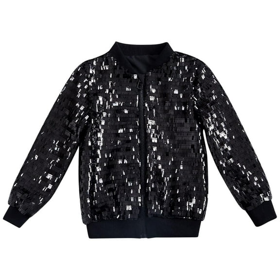 Zpanxa Kids Sequin Sparkle Jacket Solid Color Glitter Zip Front Long Sleeve Party Wear Casual Coat No Hood Outerwear for Boys Girls Ages 2 to 12