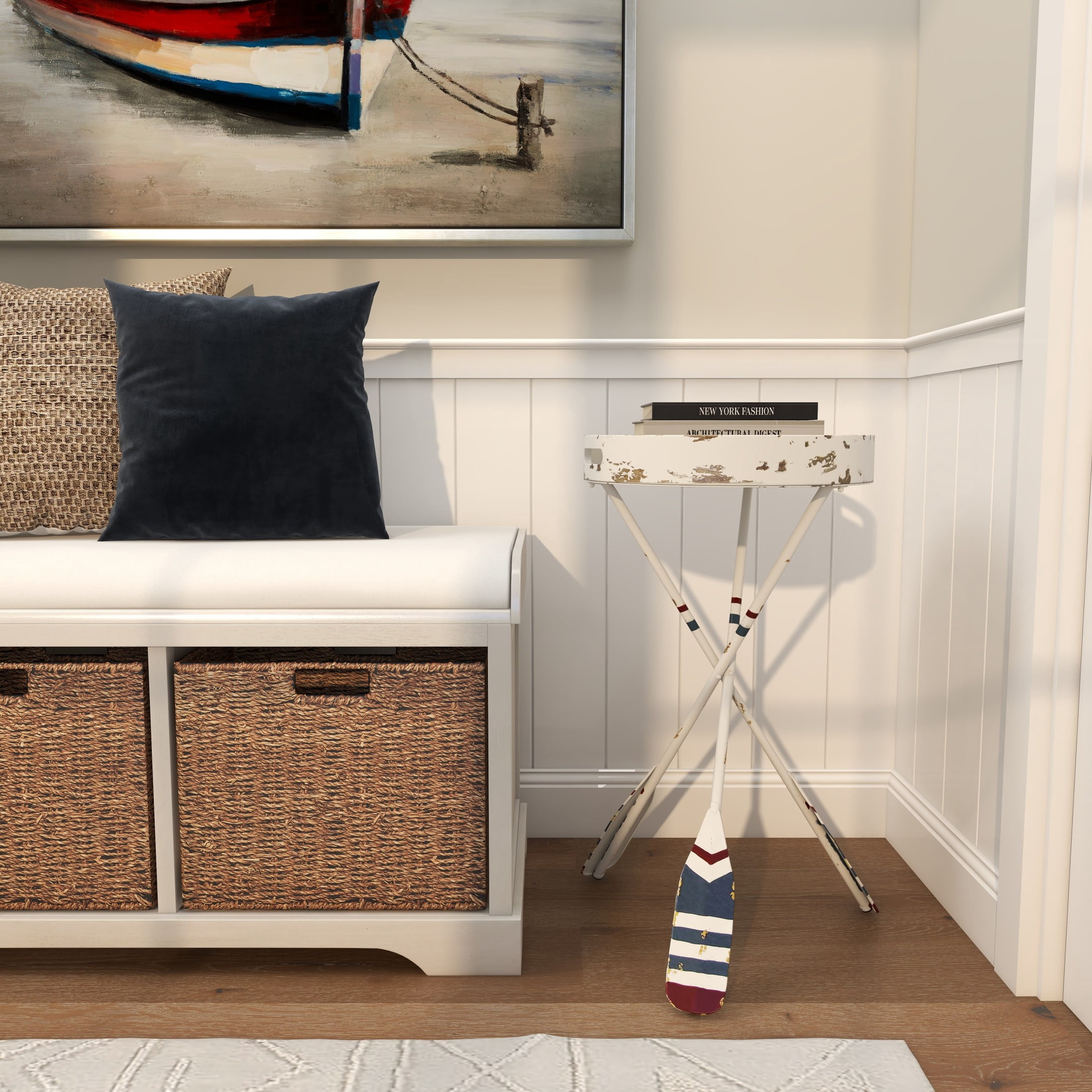 DecMode 16" x 28" White Metal Distressed Striped Paddle Accent Table with Navy and Red Striped Oar Legs, 1-Piece