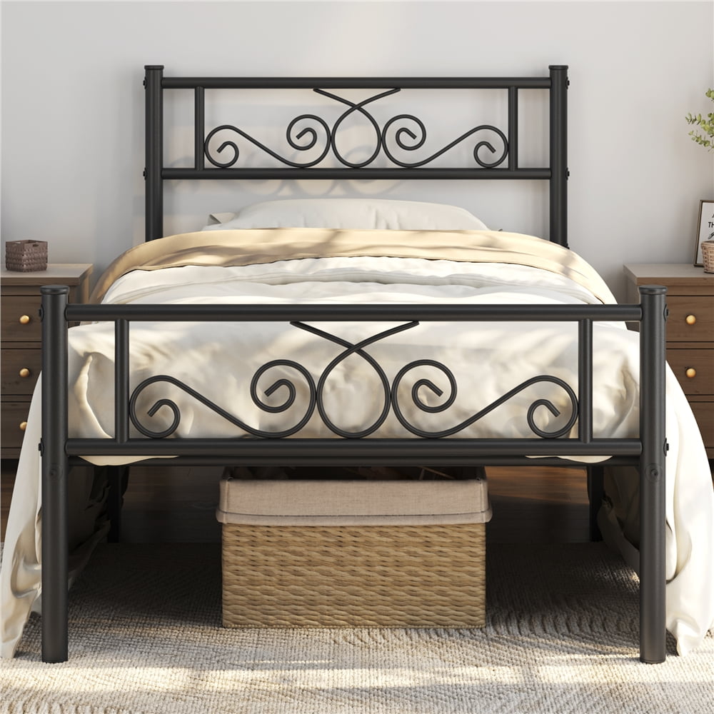Fullfurnique Metal Platform Bed Frame with Scroll Headboard and Footboard, Queen, Black