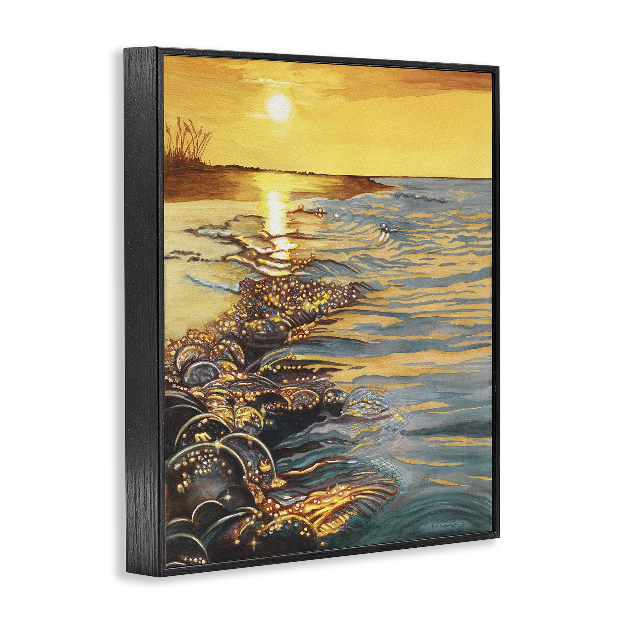 Stupell Industries Saltwater Beach Sunset Landscape Painting Black Framed Art Print Wall Art, 16 x 20