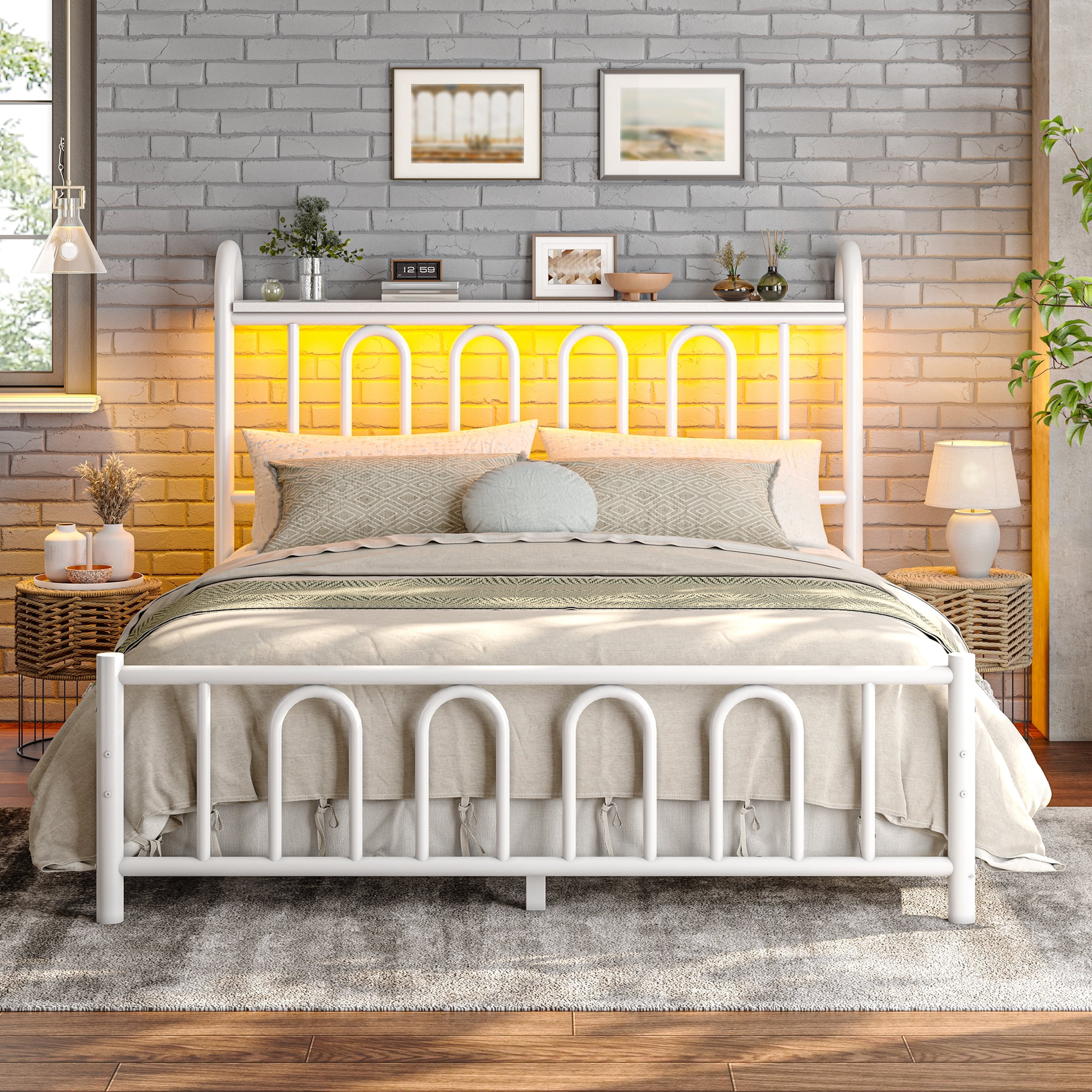 EnHomee Full Size Metal Platform Bed Frame with Headboard Metal Bed Frame with LED Lights Full Bed Frame with Underbed Storage,White