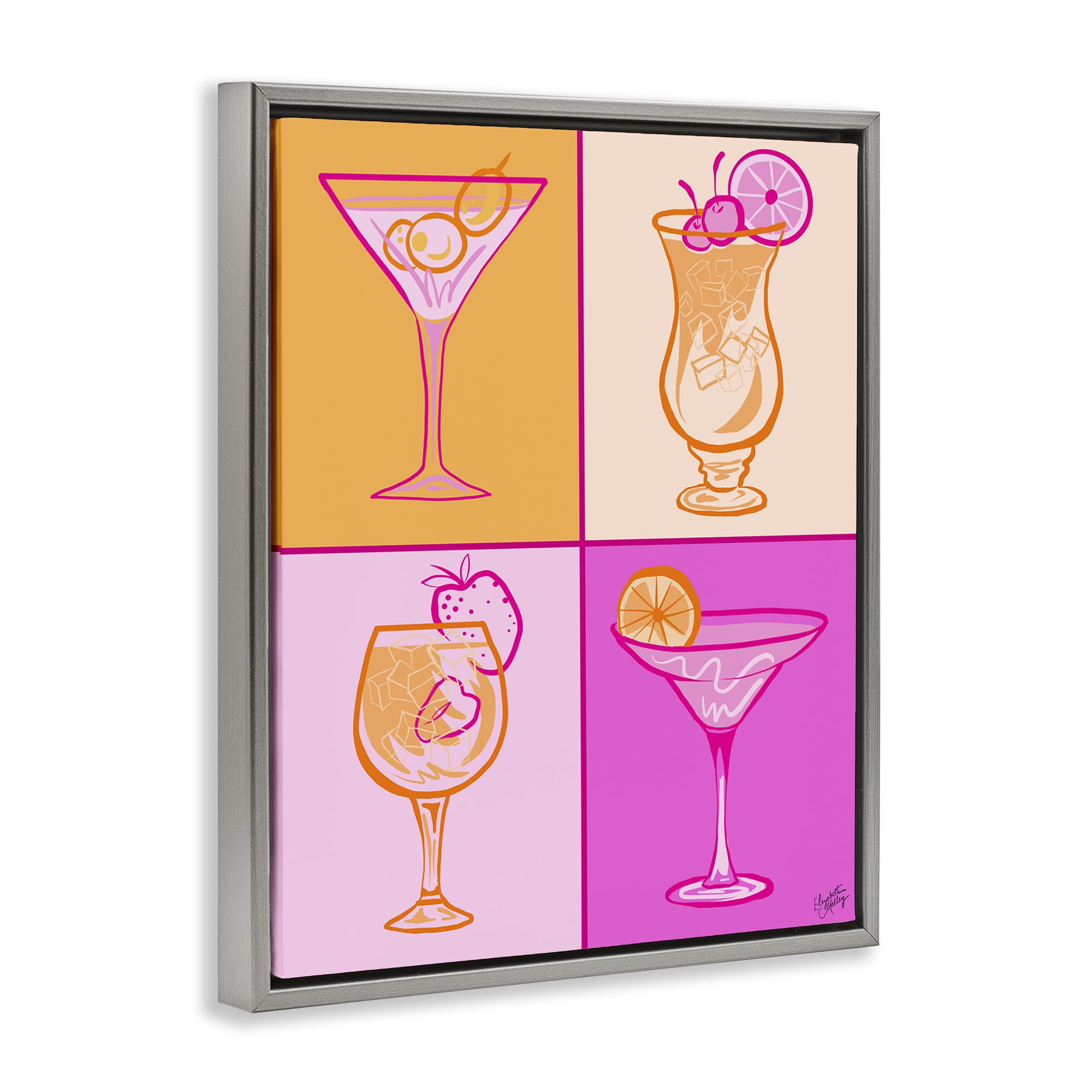 Stupell Industries Pink & Orange Cocktails Food & Beverage Painting Gray Floater Framed Canvas Art Print Wall Art, 25 x 31